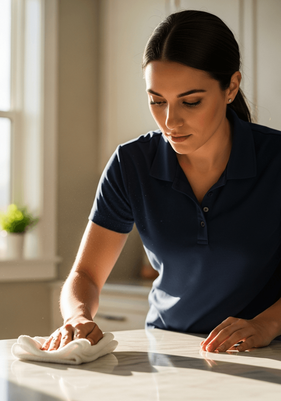 Professional cleaner polishing a countertop