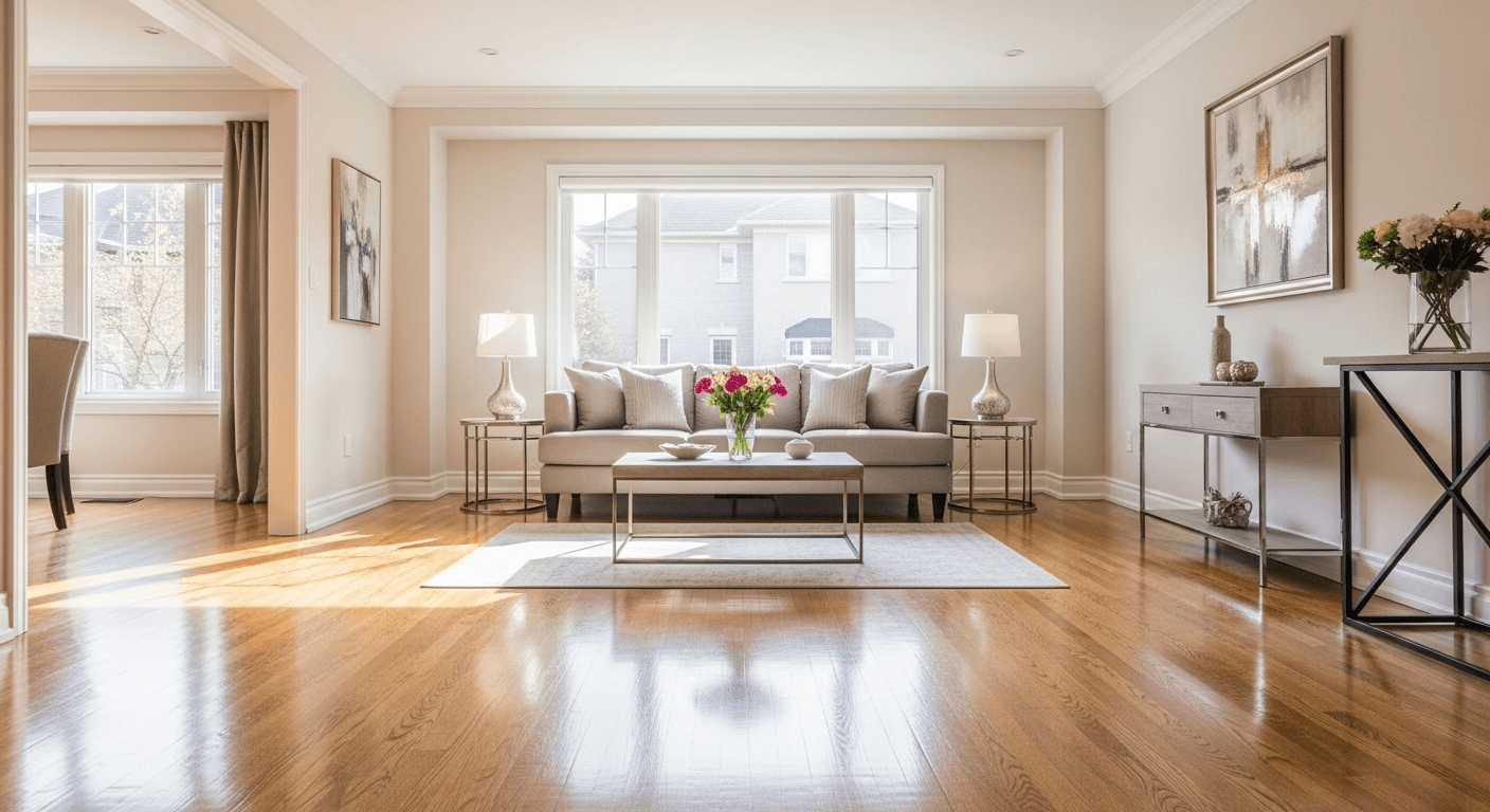 Bright, sunlit living room freshly cleaned by Portuguese Housekeeping Services